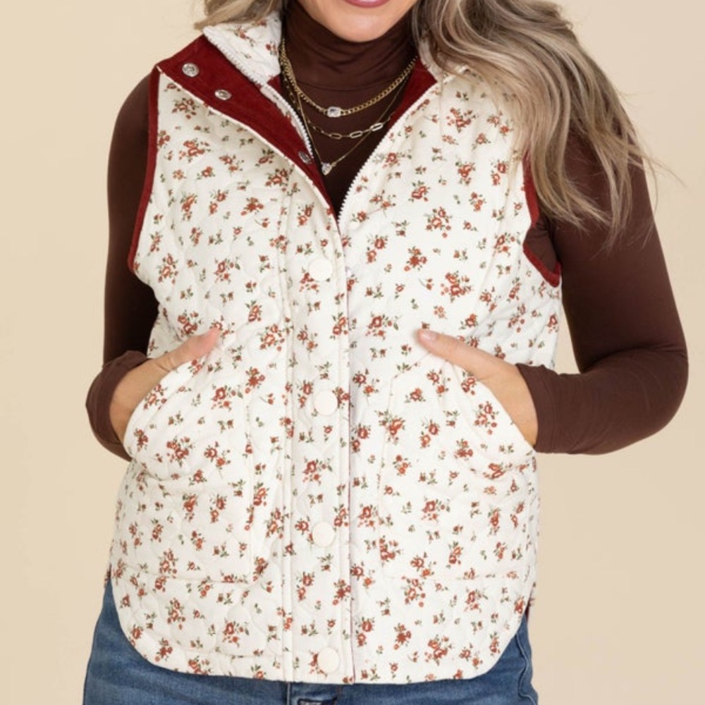 Floral Quilted Vest with burgundy Accents